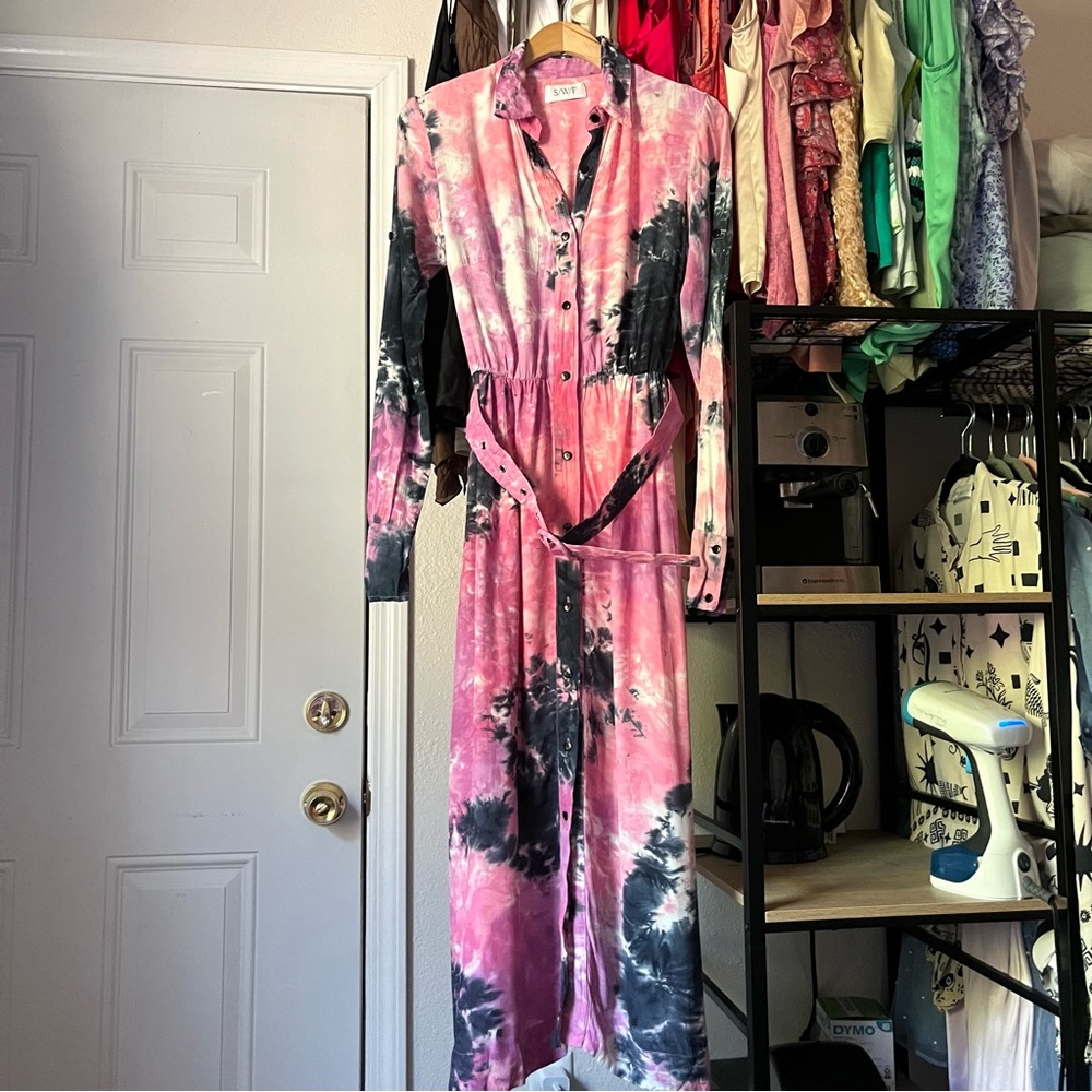 S/W/F pink purple white black tie dye belted button up midi‎ maxi dress